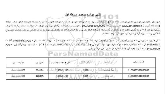 مزایده تعداد 2 دستگاه خودروی مازاد بر نیاز 