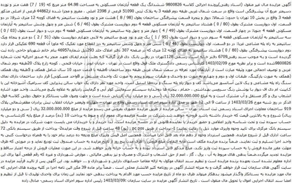 آگهی مزایده  ششدانگ یک قطعه آپارتمان مسکونی به مساحت 64.98 متر مربع که (19 / 7) هفت متر و نوزده دسیمتر مربع