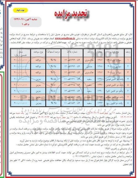 تجدید مزایده 8 مورد خودرو پژو 405 و وانت دوکابین -نوبت دوم 