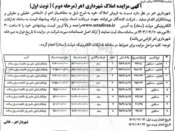 مزایده املاک شهرداری اهر