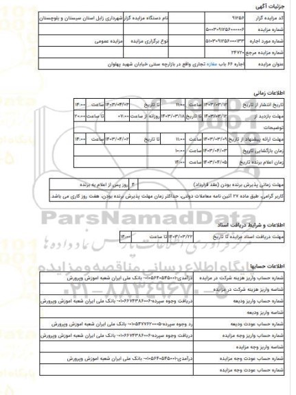 مزایده ، اجاره 66 باب مغازه تجاری واقع در بازارچه سنتی خیابان شهید پهلوان