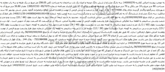 آگهی مزایده سه دانگ مشاع از شش دانگ عرصه و اعیان یک باب ساختمان به مساحت کلی 258.05 متر مربع