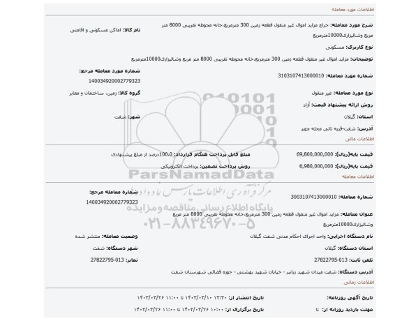 مزاید اموال غیر منقول قطعه زمین 300 مترمربع،خانه محوطه تقریبی 8000 متر مربع وشالیزاری10000مترمربع