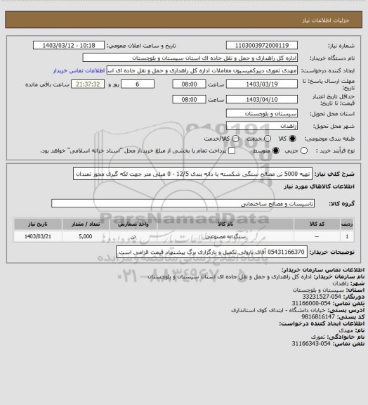 استعلام تهیه 5000 تن مصالح سنگی شکسته با دانه بندی 12/5 - 0 میلی متر جهت لکه گیری محور تمندان