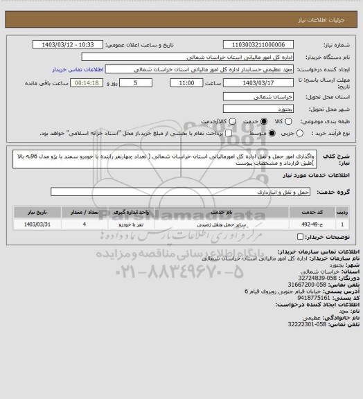 استعلام واگذاری امور حمل و نقل اداره کل امورمالیاتی استان خراسان شمالی  ( تعداد چهارنفر راننده با خودرو سمند یا پژو مدل 96به بالا )طبق قرارداد و مشخصات پیوست