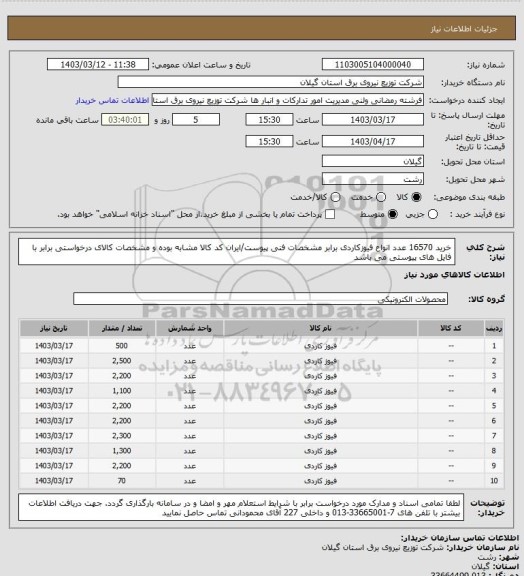 استعلام خرید 16570 عدد انواع فیوزکاردی برابر مشخصات فنی پیوست/ایران کد کالا مشابه بوده و مشخصات کالای درخواستی برابر با فایل های پیوستی می باشد