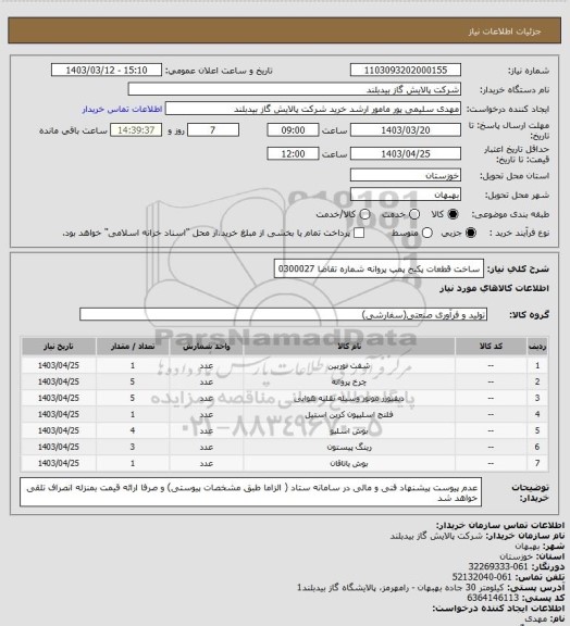 استعلام ساخت قطعات پکیج پمپ پروانه شماره تقاضا 0300027