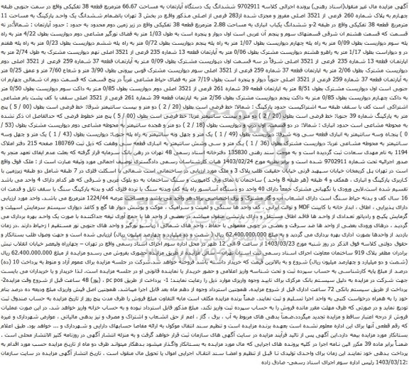 آگهی مزایده ششدانگ یک دستگاه آپارتمان به مساحت 66.67 مترمربع قطعه 38 تفکیکی 