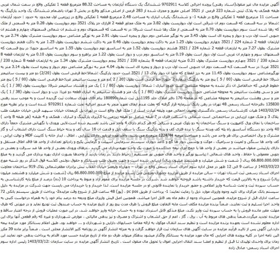 آگهی مزایده ششدانگ یک دستگاه آپارتمان به مساحت 88.32 مترمربع قطعه 1 تفکیکی