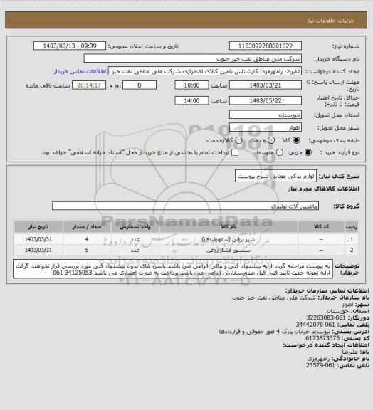 استعلام لوازم یدکی مطابق شرح پیوست