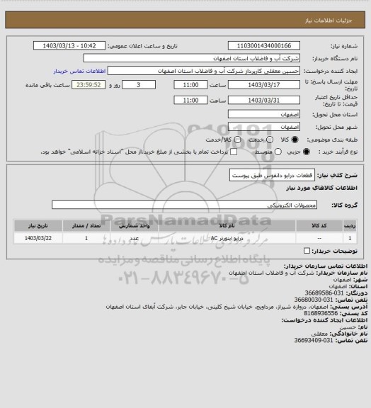 استعلام قطعات درایو دانفوس طبق پیوست