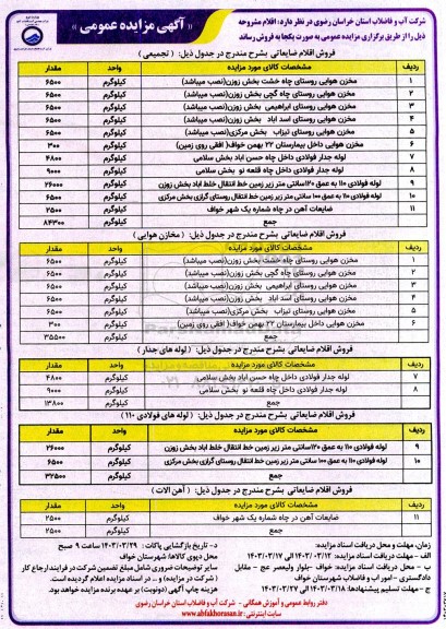 مزایده اقلام ضایعاتی شامل مخزن هوایی و....