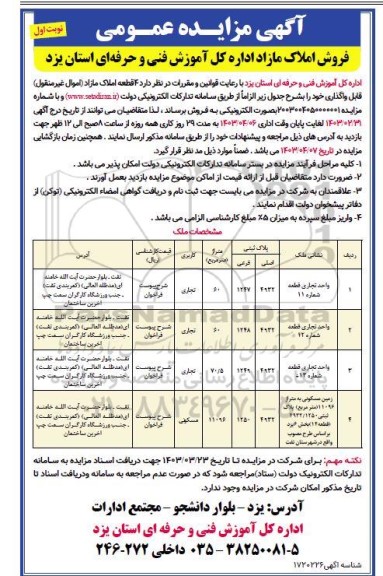 مزایده فروش 4 قطعه املاک مازاد (اموال غیرمنقول) با کاربری تجاری و مسکونی  