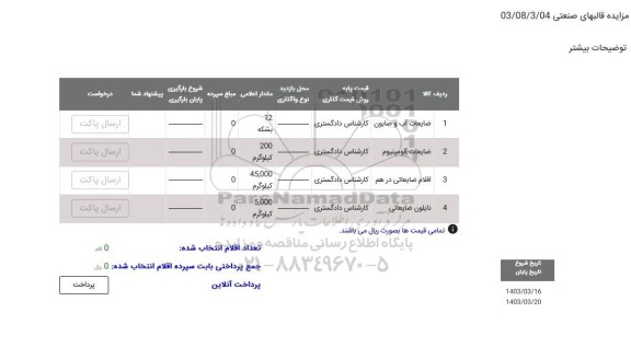 مزایده ضایعات آب و صابون  و ... 