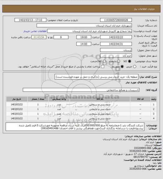 استعلام منطقه یک- خرید جدول بتنی پرسی (بارگیری و حمل بر عهده فروشنده است)