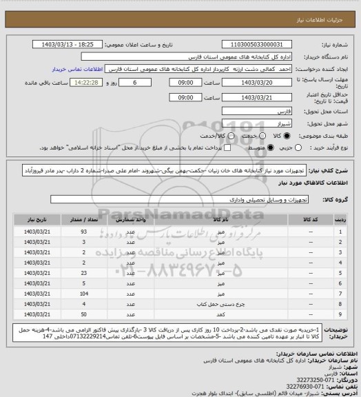 استعلام تجهیزات مورد نیاز کتابخانه های خان زنیان -حکمت-بهمن بیگی-شهروند -امام علی صدرا-شماره 2 داراب -پدر مادر فیروزآباد