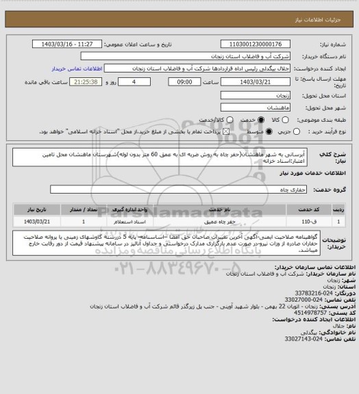 استعلام آبرسانی به شهر ماهنشان(حفر چاه به روش ضربه ای به عمق 60 متر بدون لوله)شهرستان ماهنشان
محل تامین اعتبار:اسناد خزانه