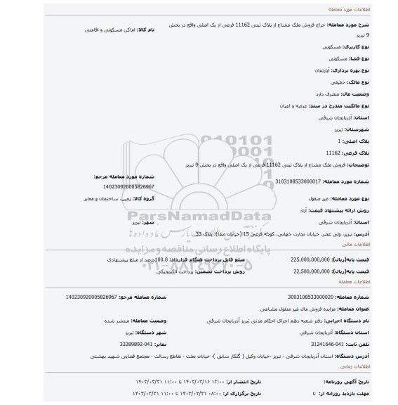فروش ملک مشاع از پلاک ثبتی 11162 فرعی از یک اصلی واقع در بخش 9 تبریز