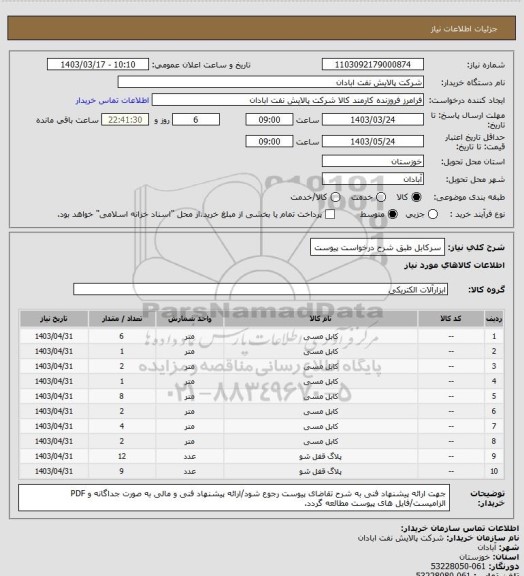 استعلام سرکابل طبق شرح درخواست پیوست