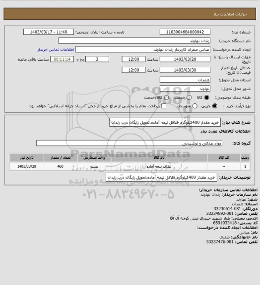 استعلام خرید مقدار 400کیلوگرم فلافل نیمه آماده،تحویل رایگان درب زندان