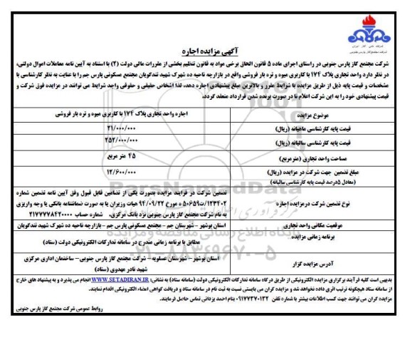 آگهی مزایده اجاره  واحد تجاری پلاک 174  با کاربری میوه و تره بار فروشی