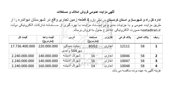 مزایده عمومی فروش  4 قطعه زمین تجاری