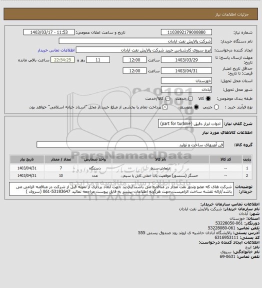 استعلام ادوات ابزار دقیق (part for turbine)