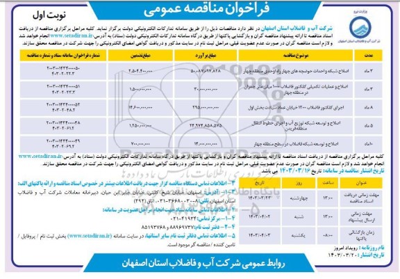 مناقصه اصلاح شبکه و احداث حوضچه های چهارراه اوحدی و ... 