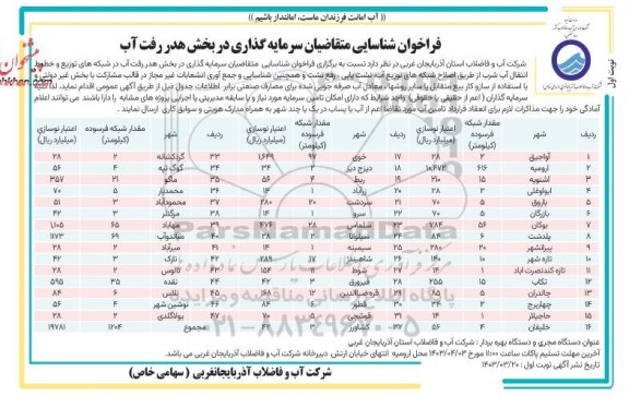 فراخوان مناقصه و مزایده شناسایی متقاضیان سرمایه گذاری در بخش هدر رفت آب 