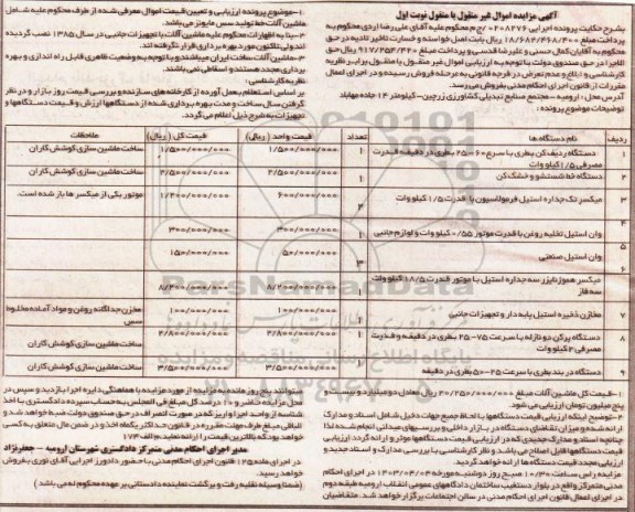 مزایده فروش  دستگاه ردیف کن بطری و ... 