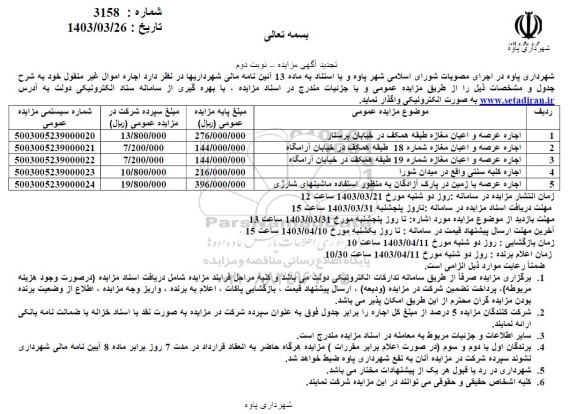 تجدید مزایده اجاره عرصه و اعیان مغازه طبقه همکف  و ... - نوبت دوم 