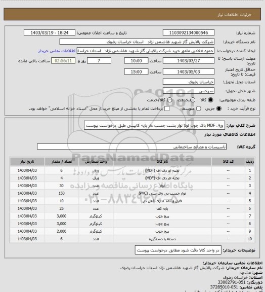 استعلام ورق MDF پاک چوب لولا نوار پشت چسب دار پایه کابینتی طبق درخواست پیوست