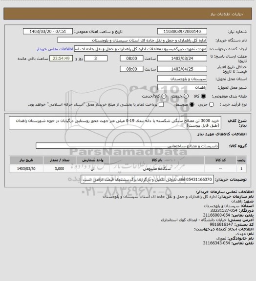 استعلام خرید 3000 تن مصالح سنگی شکسته با دانه بندی 19-0 میلی متر جهت محور روستایی درگیابان در حوزه شهرستان زاهدان
(طبق فایل پیوست)