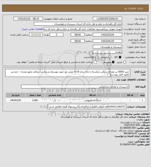 استعلام خرید 5000 تن مصالح سنگی شکسته با دانه بندی 19-0 میلی متر جهت بهسازی و روکش آسفالت محور تمندان - جم چن
(طبق فایل پیوست)