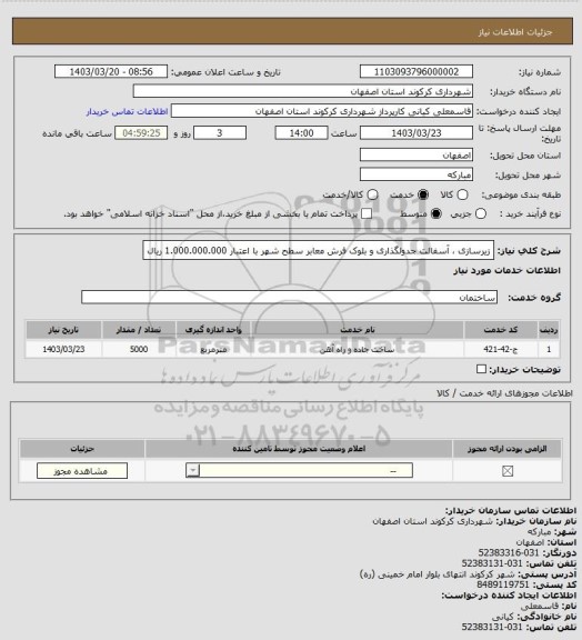 استعلام زیرسازی ، آسفالت جدولگذاری و بلوک فرش معابر سطح شهر با اعتبار 1.000.000.000 ریال