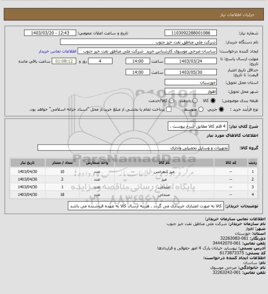 استعلام 4 قلم کالا مطابق شرح پیوست .