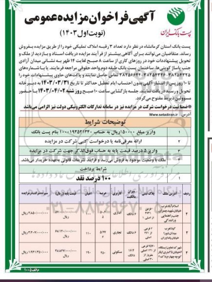  مزایده فروش تعداد 3 رقبه املاک تملیکی با کاربری تجاری - مسکونی - اداری 