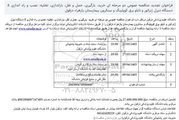 تجدید مناقصه خرید، بارگیری، حمل و نقل، باراندازی، تخلیه، نصب و راه اندازی دستگاه دیزل ژنراتور و...