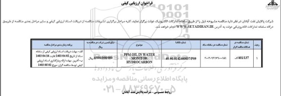 فراخوان ارزیابی کیفی PPM OIL IN WATER MONITOR HYDROCARBON