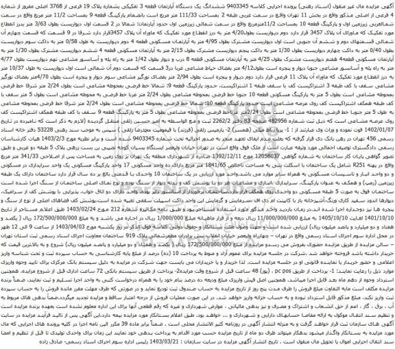 مزایده ششدانگ یک دستگاه آپارتمان قطعه 3 تفکیکی بشماره پلاک 19 فرعی از 3768 اصلی مفروز از شماره 4 فرعی از اصلی مذکور