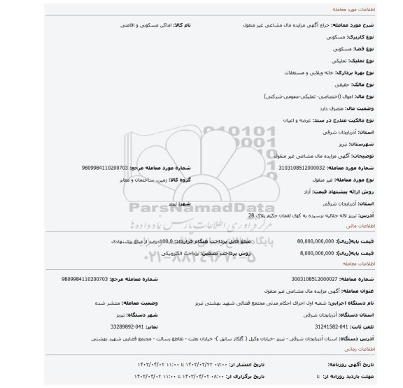 آگهی مزایده مال مشاعی غیر منقول