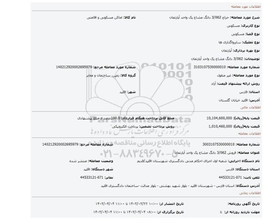 3/062 دانگ مشاع یک واحد  آپارتمان