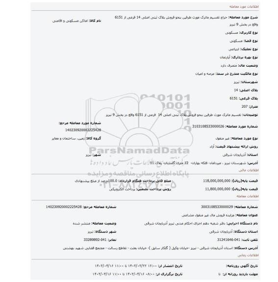 تقسیم ماترک مورث طرفین بنحو فروش پلاک ثبتی اصلی 14  فرعی از 6151 واقع در بخش 9 تبریز