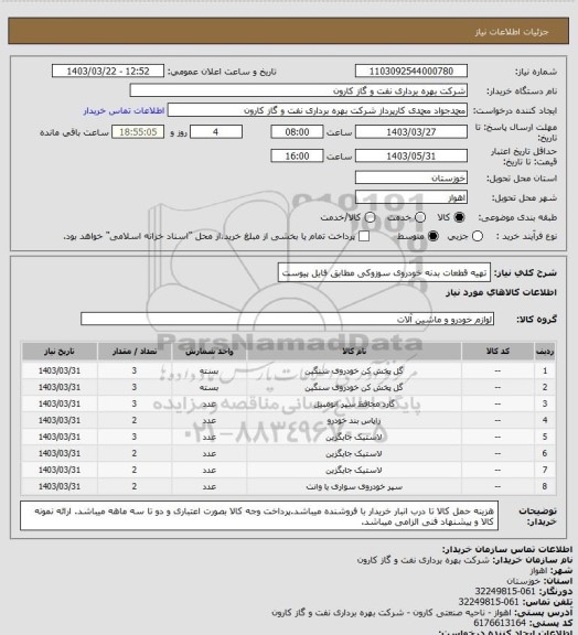 استعلام تهیه قطعات بدنه خودروی سوزوکی مطابق فایل پیوست