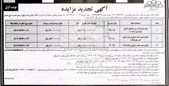 آگهی تجدید مزایده 3 باب از املاک تجاری 