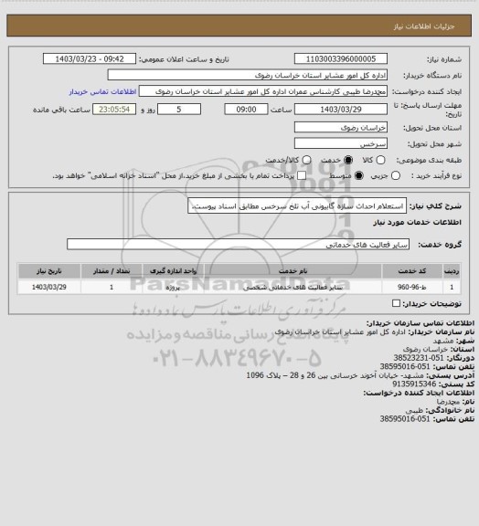 استعلام استعلام احداث سازه گابیونی آب تلخ سرخس مطابق اسناد پیوست.