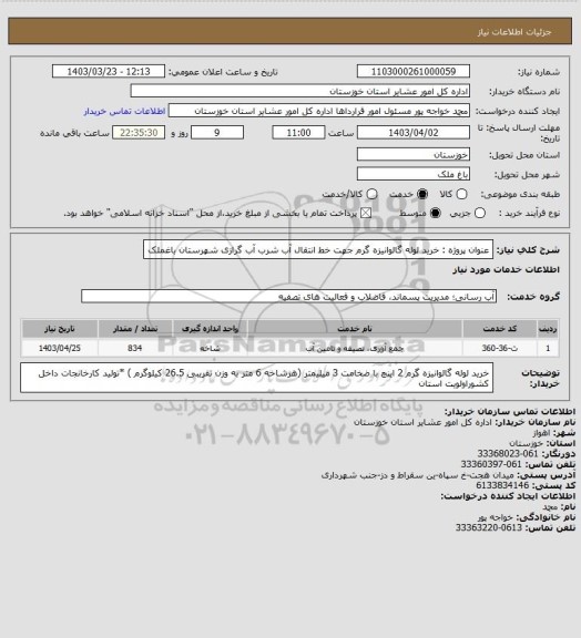 استعلام عنوان پروژه : خرید لوله گالوانیزه  گرم جهت خط انتقال آب شرب آب گرازی شهرستان باغملک