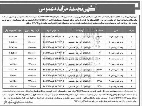 تجدید مزایده عمومی اجاره 10 باب واحد تجاری حاشیه بلوار  