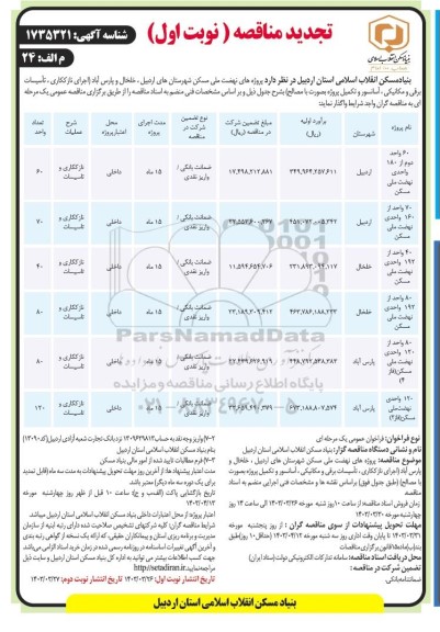 تجدید مناقصه  پروژه های نهضت ملی مسکن شهرستان های اردبیل ...