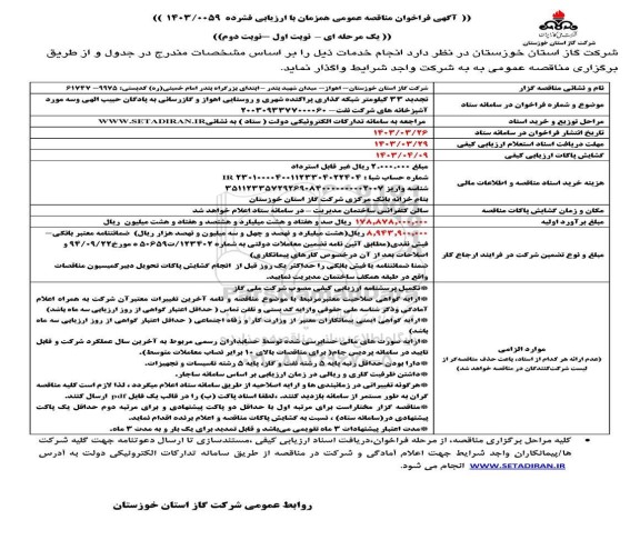 تجدید مناقصه عمومی33 کیلومتر شبکه گذاری پراکنده شهری و روستایی...